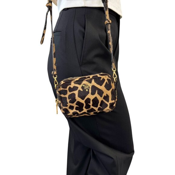 PRADA Vintage Logo Pony Hair Giraffe Crossbody Mini Bag Camel Brown [105915] - Picture 4 of 13